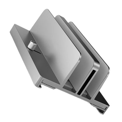 Aluminum Alloy Vertical Laptop Stand Adjustable Dual-Slot Desk Organizer for Notebooks and Tablets Space-Saving Gray Holder for Home and Office