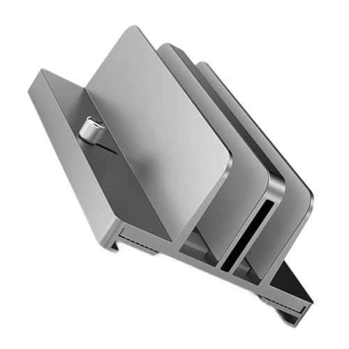 Aluminum Alloy Vertical Laptop Stand Adjustable Dual-Slot Desk Organizer for Notebooks and Tablets Space-Saving Gray Holder for Home and Office