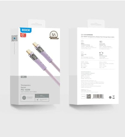 100W USB-C to USB-C Cable Transparent Fast Charging 480Mbps Data Braided Nylon LED E-Marker for Laptops Tablets Phones - Black
