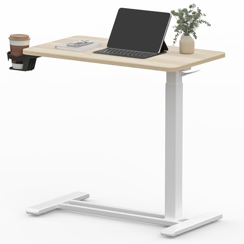 SANODESK 28''Pneumatic Adjustable Overbed Bedside Table with Hidden Casters | Medical Mobile Side End Table Laptop Computer Standing Desk Cart with Tray, Hospital and Home Use,27.6"W x 15.7"D,Wood Grain - color: Wood Grain, size: Small