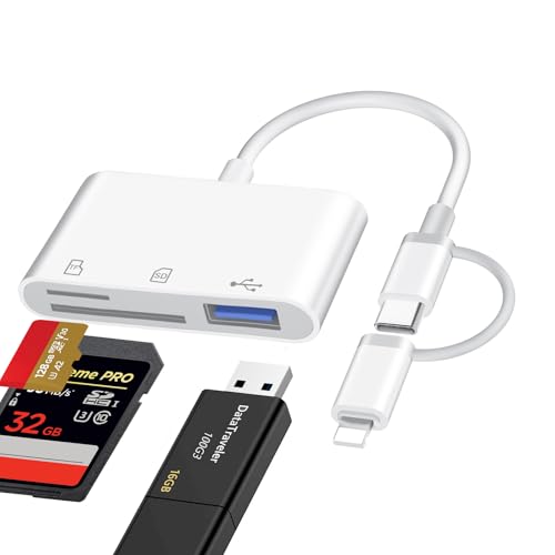 SD Card Reader for iPhone iPad Mac, Lightning & USB-C Dual Interface Memory Card Reader with SD/Micro SD/USB-A 3 Slots, Digital Camera Adapter to iPhone, Plug & Play - color: One built-in cord (Lightening&USB-C)