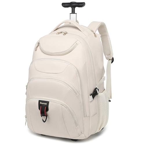 Boavan Rolling Backpack for Women, 17.3 Inch Wheeled Laptop Backpack,Large Travel Carry-On Bag for Teachers College Students, USB Charging Port Waterproof Business for Airplane Overnight Luggage，Beige - color: Beige, size: 17.3 inches