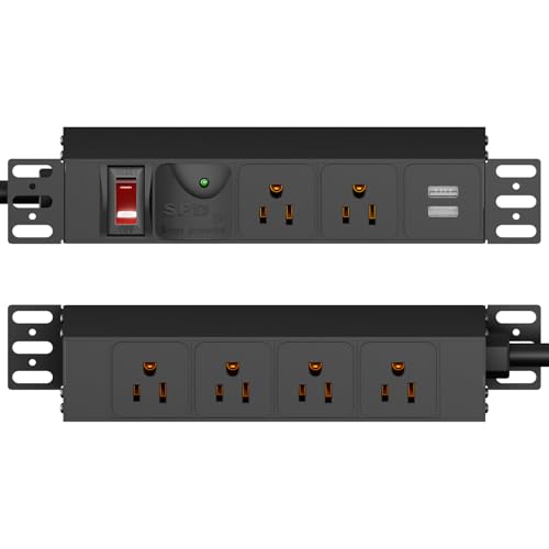 10 inch Rack PDU, 1U 6 Outlets(2 in Front, 4 in Back) Surge Protected,14AWG | 6ft Cable,1020J,15A Overload Switch & 2 USB-A, Rack Mount Power Strips for 10'' Mini Server Network Cabinets/Rack/Self