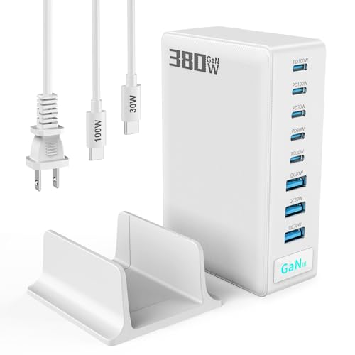 380W USB-C Charger Block, 8-Port USB-C Charging Station PD 30W + 100W PC Laptop, Fast Charging Hub with High-Power Fast Charging Cable for MacBook Pro/Air, DELL, iPad, iPhone, Samsung Galaxy, White - color: 380W White