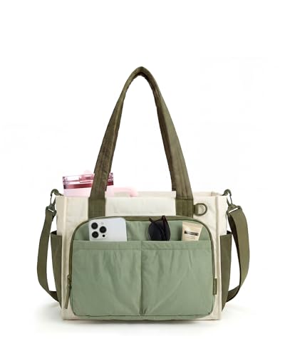 BAGSMART Small Tote Bag for Women, 13'' Laptop Canvas Work Bag with Zipper | 30oz/40oz Tumble & 11 Pockets Travel Tote, Teachers/Nurses, Lightweight Canvas or Water-Resistant Puffer Taslon Crossbody Bag - color: 12l Small Forest Green, size: Puffy Taslan