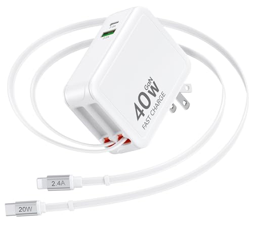 Retractable Charger for iPhone, 40W Retractable Phone Charger Wall Plug, 2.6FT USB C Cord with Type C Charger Fast Charging Foldable Block for iPhone 17 16 15 14 13 12 11, Galaxy 26, Pixel, iPad