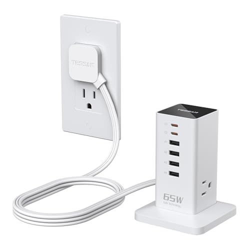 TESSAN 65W USB Charging Station for Multiple Devices 9-in-1 USB Charger | Desktop Accessories with 3 AC Outlet, 2 USB C, 4 USB A for iPhone 17/16/15, MacBook, Tablet, Home Drom Office, White - color: White-65W