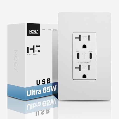 MOES 65W GaN Power Delivery USB C Wall Outlet 20 Amp, Ultra Speed Type C Receptacle, PD USB C Ports, Tamper Resistant, Screwless Wall Plate Included, ETL Listed, Matte White (TK-EWP1652C-WH-2P-MS) - size: 2 Type C 65WPD 20A Outlet