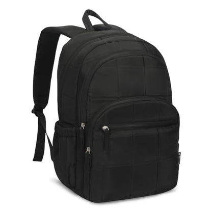 College Laptop Backpack 16 Inches Quilted Travel Backpack for Women Lightweight Puffer Casual Daypack 28L Classic Black - color: Classic Black