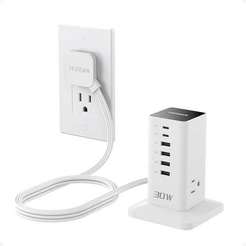 TESSAN 30W USB Charging Station for Multiple Devices 9-in-1 USB Charger | Desktop Accessories with 3 AC Outlet, 2 USB C, 4 USB A for iPhone 17/16/15, Tablet, Earbuds, Home Drom Office, Black - color: White-30W