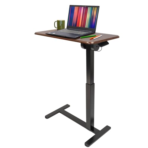 Mount-It! Rolling Bedside Table, Overbed Tray Table on Wheels for Hospital or Home Meals in Bed, Adjustable Height Tilting Swivel Standing Laptop Desk 31"x15" with Wheels, Walnut Color 27" to 41" High