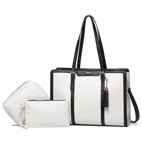 Keyli 4pc Sets Laptop Bag for Women Large Leather Laptop Briefcase with USB Charging Port Computer Shoulder tote Bags Purse - color: 3pc-beige-black