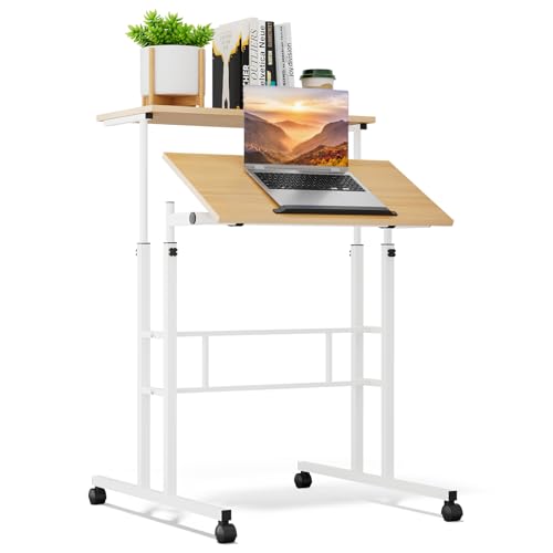 Athena Collection Rolling Standing Desk Small Mobile Table, Natural | 4 Lockable Wheels, Engineered Wood Split Top, Adjustable Height for Home Office Computer Workstation - color: Natural