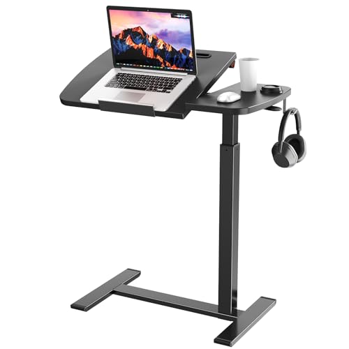 Overbed Table with Wheels, Pneumatic Height and Tilting Desktop | Top Tilts 0-60° with Anti-Slip Stops, Hook, Capacity 66 lbs, 1.18 in Low-Profile Base Slides Easily Under Beds and Sofa - color: Black