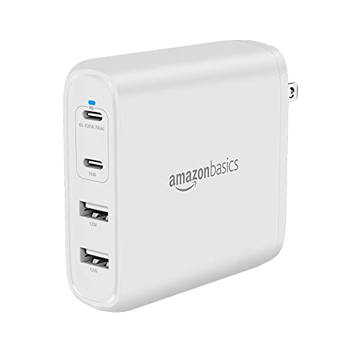 Amazon Basics 100W Four-Port GaN Wall Charger with 2 USB-C (100W, 18W) & 2 USB-A Ports (12W), PD 3.0, Foldable Plug, Portable Multi-Device Charging for Laptops, Tablets & Phones, Non-PPS, White - color: White, style: 100W (2 USB-C + 2 USB-A)