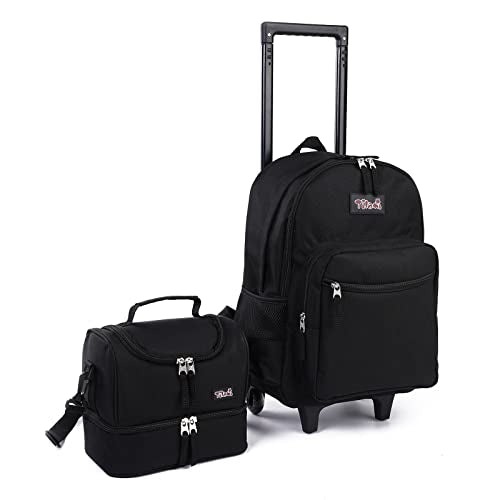 Tilami Rolling Backpack 18 inch Double Handle with Lunch Bag Wheeled Kids Backpack for Girls and Boys, Black - color: Black