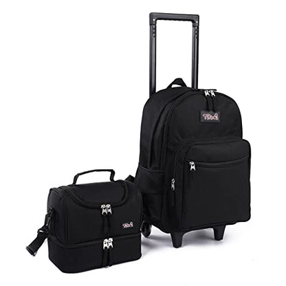 Tilami Rolling Backpack 18 inch Double Handle with Lunch Bag Wheeled Kids Backpack for Girls and Boys, Black - color: Black