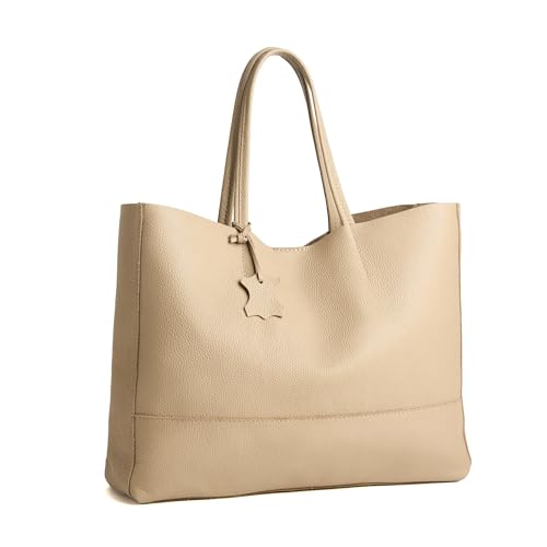 Italian Leather Tote Bag for Women - Large Shoulder Shopper, Fits 16” Laptop, Keychain Holder, Made in Italy - color: Light Stone