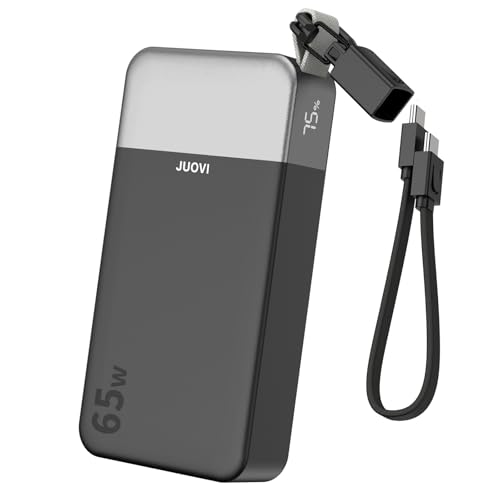 JUOVI Portable Charger, 65W Laptop Power Bank Fast Charging with Attached USB C Cable, 20000mAh Battery Pack Charger Portable, Powerbank for Laptop, for MacBook iPhone 17 16 Pro Samsung S26 and More - color: Black