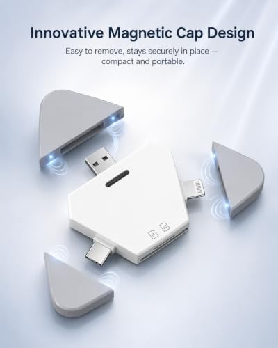 Magnetic SD/microSD Card Reader for iPhone/iPad, USB C/Lightning/USB-A | Compatible with iPhone 15/16/17; plug and play with no app, USB 3.0 speeds up to 120MB/s, ideal camera accessory - color: gray-white