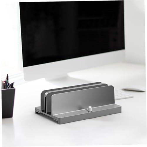 Aluminum Alloy Vertical Laptop Stand with Adjustable Dual Slots, Notebook Mount Base for Space-Saving Desk Organization, Gray Tablet Vertical Holder for Office and Home Use