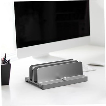 Aluminum Alloy Vertical Laptop Stand with Adjustable Dual Slots, Notebook Mount Base for Space-Saving Desk Organization, Gray Tablet Vertical Holder for Office and Home Use