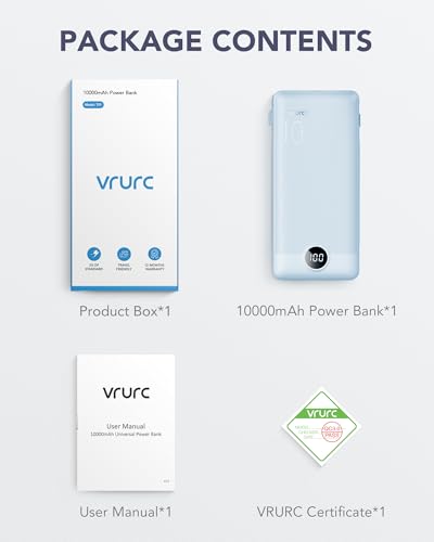 VRURC Portable Charger, Power Bank Built-in Cables and AC Wall Plug | USB C Power Bank 10000mAh, Travel Essentials Phone Charger Compact External Battery Pack For Smart Phones, Tablets etc-Blue - color: Blue