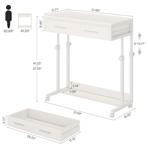 Tribesigns Portable Desk with Drawers, Mobile Laptop Desk with Wheels, Sofa Side Table Bed Desks, Small Standing Desk for Home Office (White) - color: White