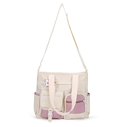 Phaoullzon Cute Messenger Bag Kawaii Crossbody Purse for Teen Shoulder Tote | Gifts for Girls/ Women, Nylon Japanese College Satchel Travel Work Gym Handbag - color: Beige1, style: Large(could Fit 14" Laptop)