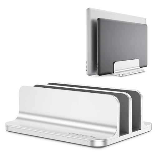 OMOTON Dual Vertical Desk Laptop Stand Holder, Fits MacBook Air/Pro, Silver | Aluminum Laptop Storage Rack for Desk, Adjustable Dock for Up to 17.3 in. Gaming Laptop, Space-Saving Desk Organizer - color: Silver