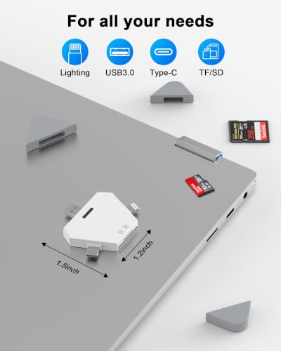 Magnetic SD/microSD Card Reader for iPhone/iPad, USB C/Lightning/USB-A | Compatible with iPhone 15/16/17; plug and play with no app, USB 3.0 speeds up to 120MB/s, ideal camera accessory - color: gray-white