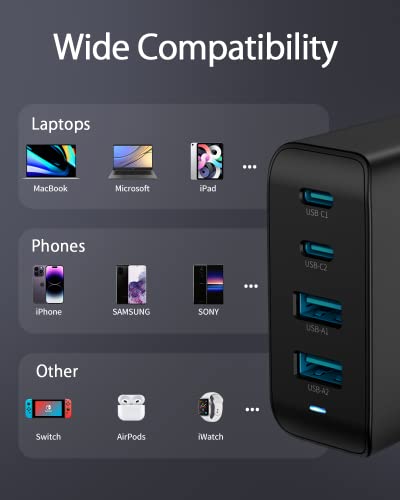 100W USB C Charger, 4 Port GaN Fast Charger Block Foldable Type C Charging Block Fast Charging Block Compatible with MacBook Pro/Air, iPhone 15/14/13/Mini/Pro/Pro Max/Samsung Galaxy(Black)