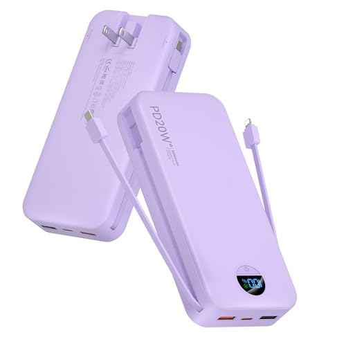 citicr Portable Charger 20000mAh PD20W w/Built-in Cables & Wall Plug Purple | High capacity, Fast charging, Built-in wall plug, LED display, Charge 5 devices at once, Pass through charging, TSA approved - color: Purple-20000mah