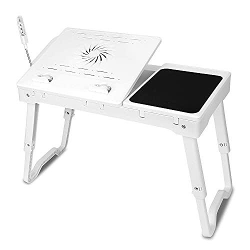 Laptop Table Bed Notebook Desk-Multi-Functional Laptop Bed Table Tray with Internal Cooling Fan, Laptop Desks with LED Light, 4 USB Ports, Storage, Mouse Pad (white)