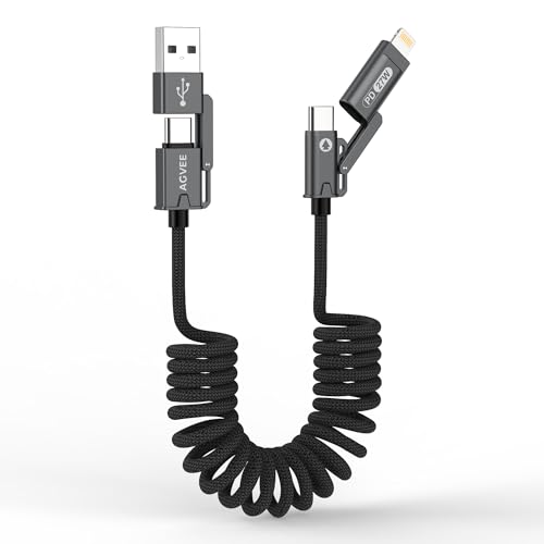 AGVEE 1.5ft 4-in-1 Coiled Multi Charging Charger Data Transfer Cable | Secure-Slide No-Loss Adapters, Slim Tips Fit Thick Cases, Lightning End Reinforced, PD 60W for iPhone Carplay, Android Auto - color: Black, size: 1.5ft, style: Braided 4 in 1