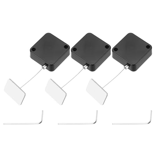 MECCANIXITY 4.9 ft Retractable Cable Lock with Adhesive Square Patch Remote Control Security Lock with Adjustable Cord Tether Anti Theft for Laptop, TV, 600g, Black, 3 Pack - color: Black, size: 4.9ft