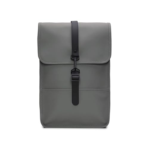 RAINS Backpack Mini Waterproof Laptop Bag for Women and Men, Small | Small waterproof backpack in Grey with a 15 in laptop pocket, flap, and carabiner - a mini daypack for women and men - color: Grey, size: Mini