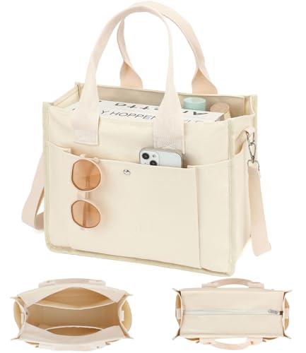 Fammart Large Canvas Tote Bag for Women with Zipper & Compartments, Crossbody Laptop Bags for Work College Travel - color: Beige