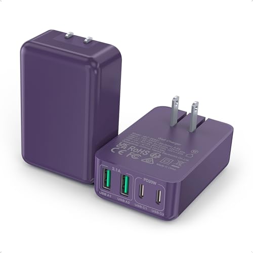 40W Flat USB C Charger Block, 2-Pack USB C Fast Charging Block 4-Port Dual PD+QC Power Adapter Double Charger Block Multiport Type C Cube Multiple Wall Plug for iPhone 17 16 15 14 13 Pro Max(Purple) - color: Purple