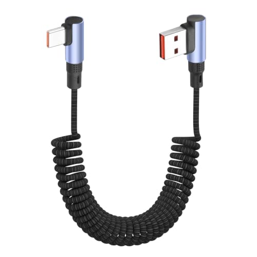 YACSEJAO 100W Coiled USB A to USB C Cable Right Angle,4.9FT Retractable 90 Degree USB Type C Fast Charging Cord, 6A Spiral Nylon Braided Reversible Plug for Phone/Laptop/Auto (L-Shape) - style: L-shape