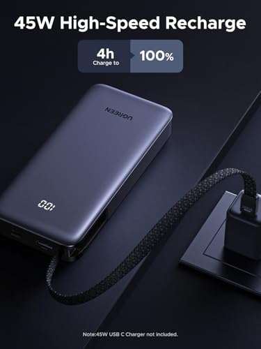 UGREEN Nexode 20000mAh 45W Power Bank, Built-in Cable for iPhone 17 Pro | Built-in USB-C cable, digital display, 3-port. Fast charges for iPhone 17 Pro, S26 Ultra, iPad Pro