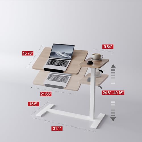 Adjustable Overbed Bedside Table with Wheels Pneumatic Mobile Standing Laptop Desk Rolling Computer Cart Movable Couch Desk Hospital Bed Table, Natural Wood