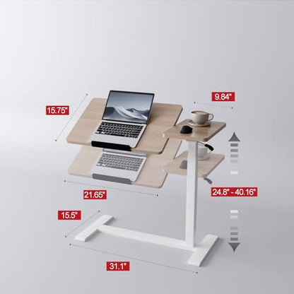Adjustable Overbed Bedside Table with Wheels Pneumatic Mobile Standing Laptop Desk Rolling Computer Cart Movable Couch Desk Hospital Bed Table, Natural Wood