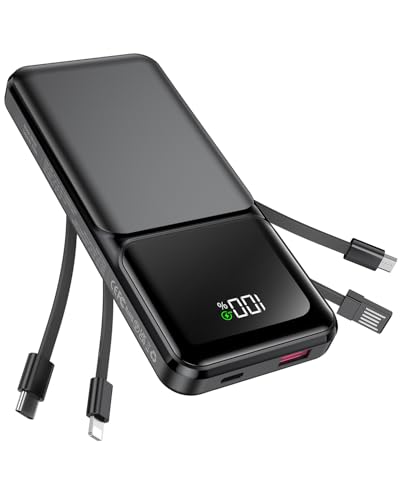 RONEGN Portable Charger with Built in Cable -20000mAh Fast Charging Power Bank USB C Slim 22.5W LED Display Battery Pack 5 Outputs & 3 Inputs for Travel Essentials iPhone Samsung Phones Black - color: Black