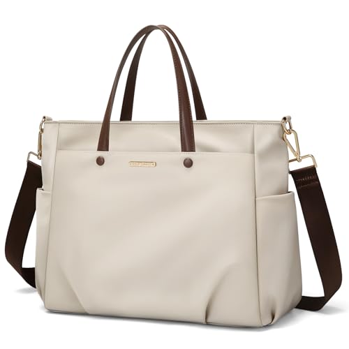 14 Inch Laptop Tote Bag for Women, Lightweight Nylon Work Shoulder Bag, Water-Resistant Computer Handbag with Pockets for Business Travel & Commute (Apricot) - color: Apricot, size: 14 Inch