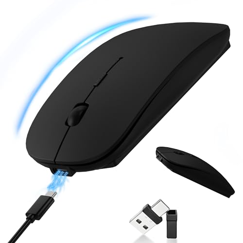 Rechargeable Bluetooth Wireless Mouse with Jiggler, Silent Slim Mouse for MacBook, iPad, Laptop & PC, USB-C/USB-A Dual Receiver, BT5.2 & 2.4G Portable Optical Mouse with Adjustable DPI - Black - color: Black