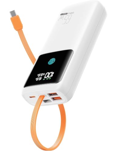 Portable Laptop Charger 24000mAh 65W w/USB C Built-in Cable White | 65W Fast charging, LED display, Charge 4 devices at once, Pass through, TSA approved, Compatible with Macbook/Notebook/iPhone - color: White