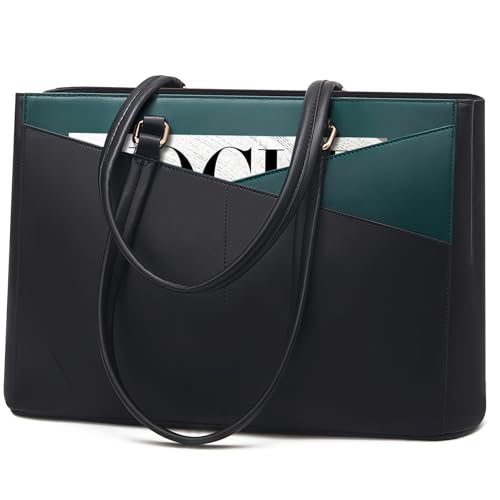 LOVEVOOK Laptop Bag for Women 15.6 Inch Tote Bags Waterproof Leather Briefcase Computer Women Business Office Work Bag,Black/Green - color: Black/Green 15.6 Inch, size: 15.6 inch