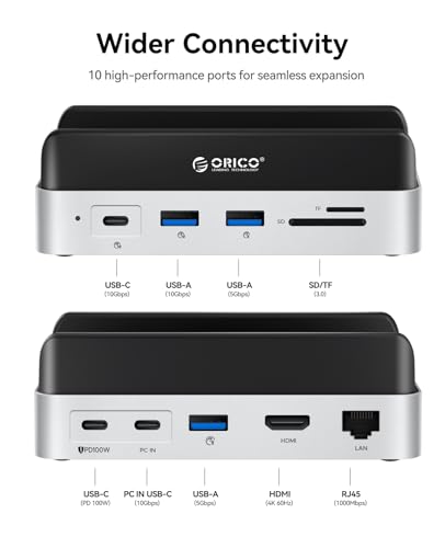 ORICO MiniDock Stand Compatibility with Mac mini M4, 10-in-1 Aluminum Hub with M.2 SSD Enclosure, 10Gbps USB-C & USB-A,5Gbps 4K HDMI, Gigabit Ethernet, SD/TF Card Readers,Type-C(PD3.0)