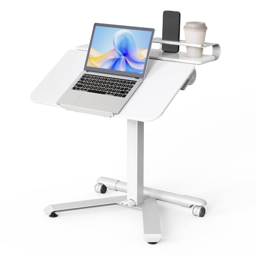 ROMOON Rolling Standing Desk with Wheels, Portable 24 inch Sit-Stand Laptop Cart with Tilt Top and Storage, Mobile Compact Workstation for Home Office and Small Spaces (White) - color: White